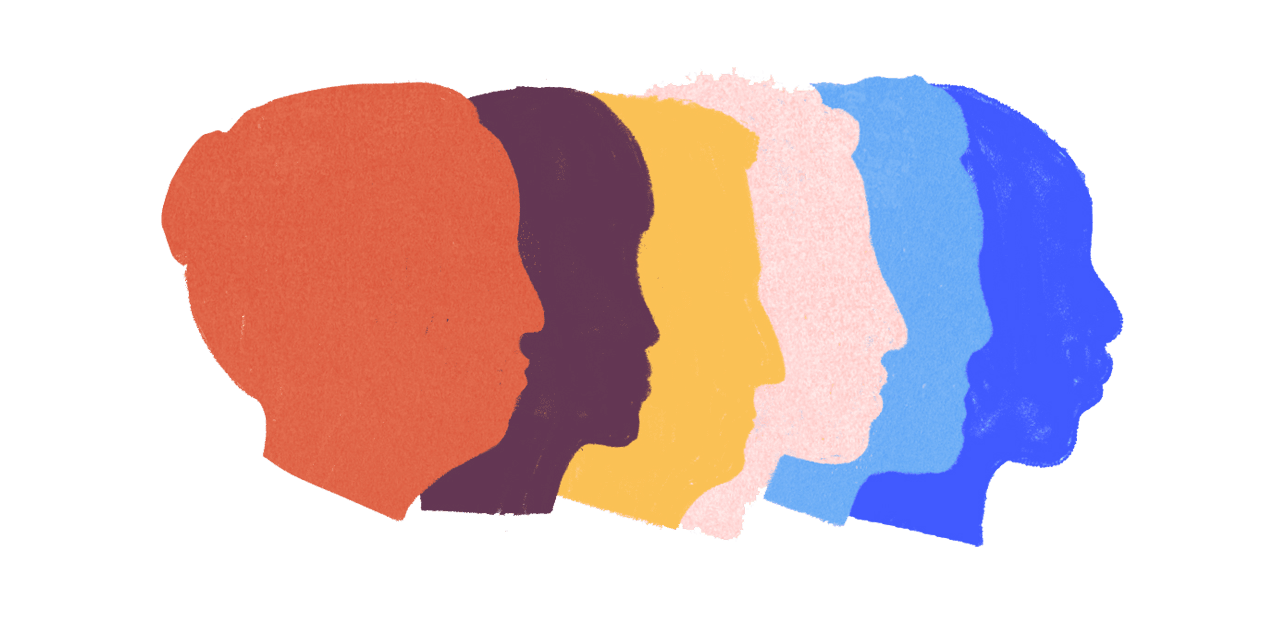Grafik mehrerer Köfpe in unterschiedlichen Farben.