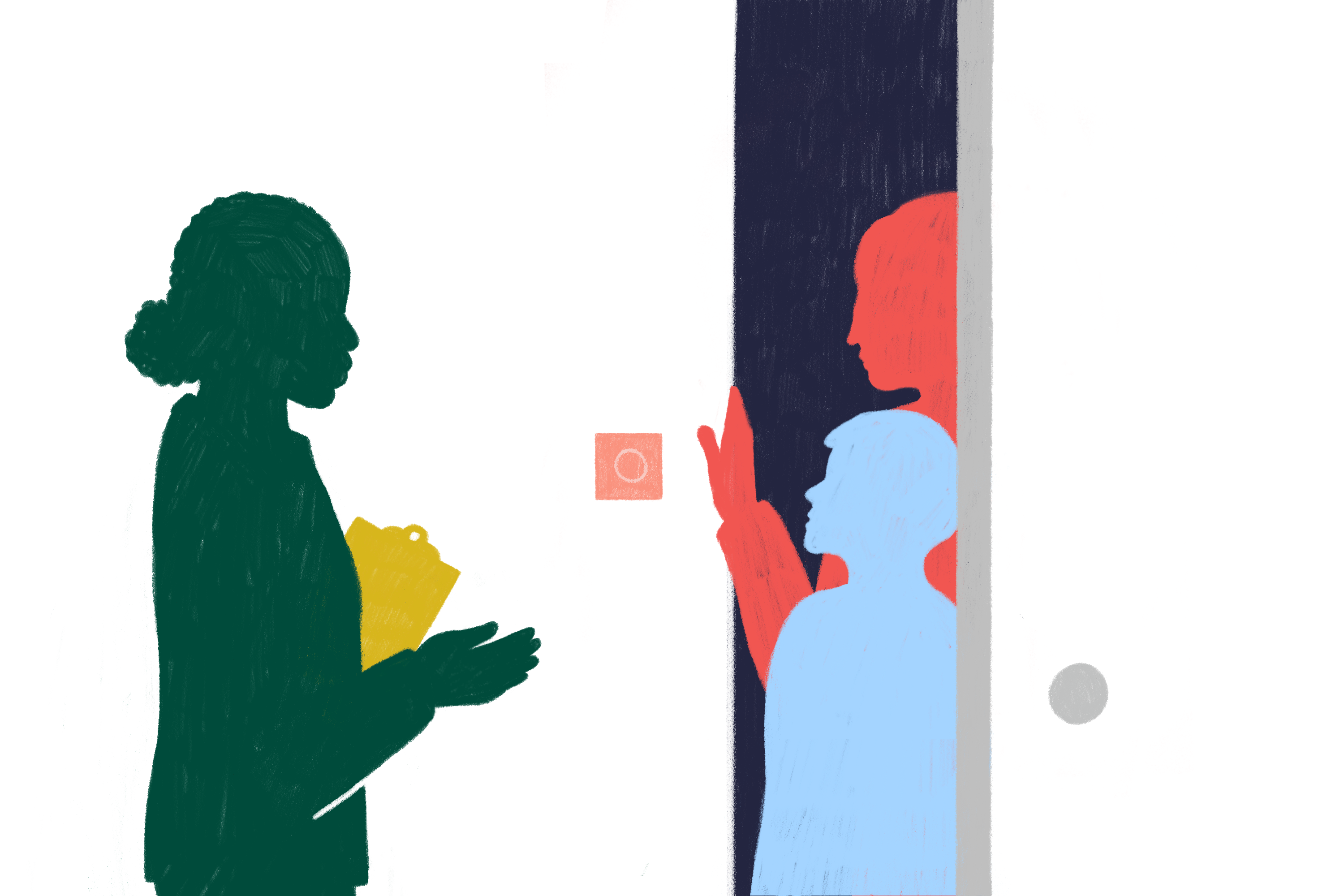 Grafik einer Person vor einer Wohnungstüre, die mit zwei Personen an der offenen Wohnungstür spricht.