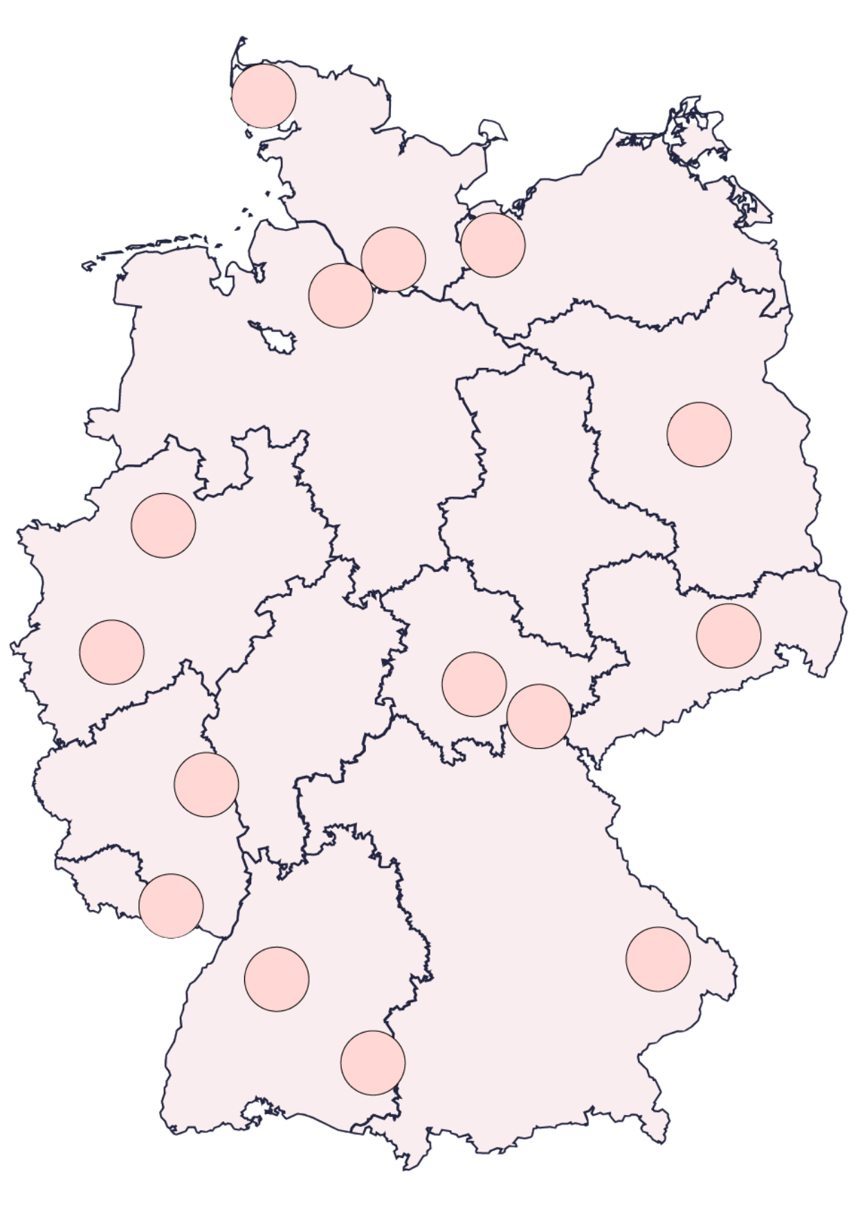 Deutschlandkarte, jeder der sechs Projektwahlkreise ist mit einem weißen Punkt markiert.