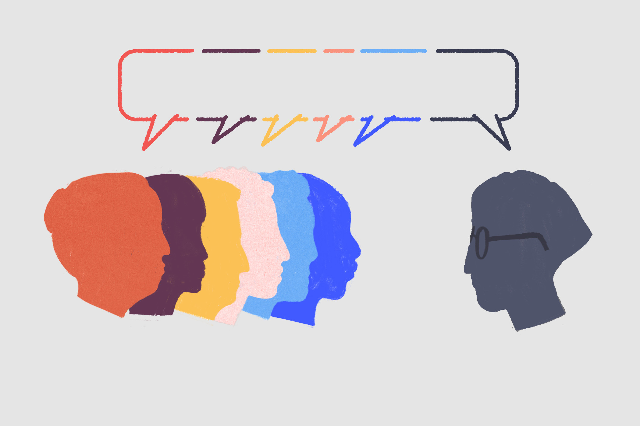 Grafik verschiedenfarbiger Köpfe, eine Gruppe auf einer Seite, ein einzelner gegenüber, die sich unterhalten.